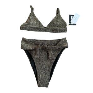 SOAH Sandy Triangle Bikini Top + High-Waisted Bottoms Swimsuit Gold Small NWT